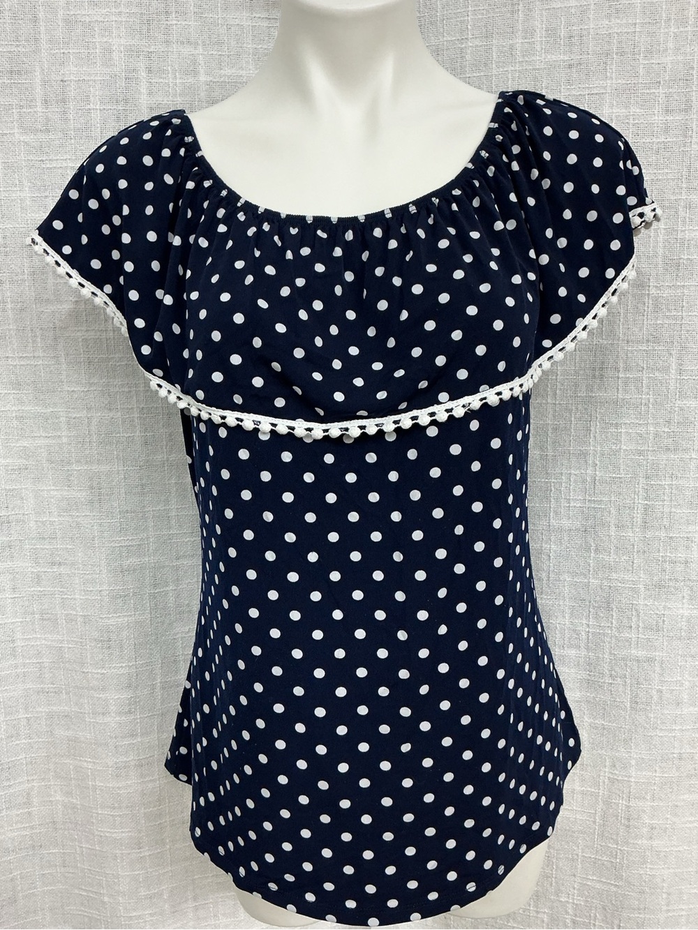 Diana Belle Navy Polka Dot On or Off-Shoulder Tunic with Lace Trim